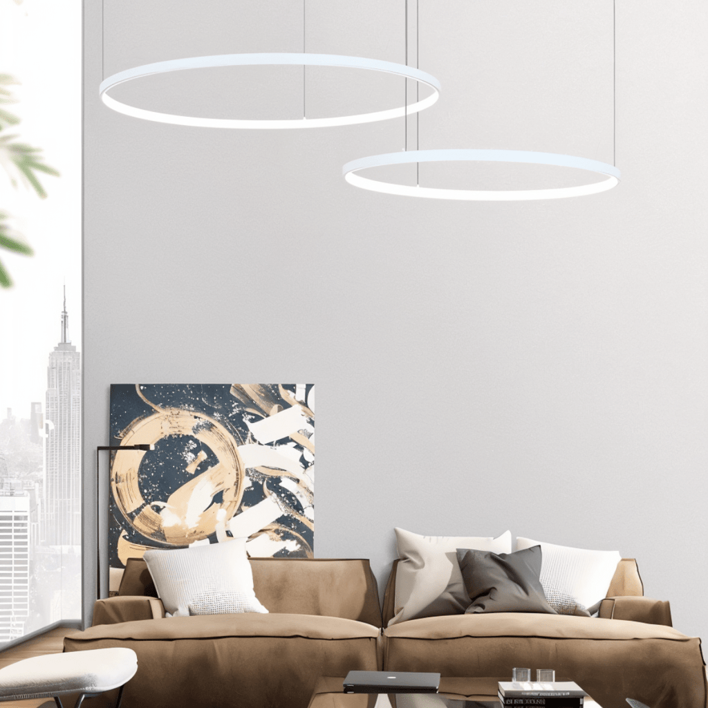 Aurora Circle Chandelier With Soft Halo Lighting Above Dining