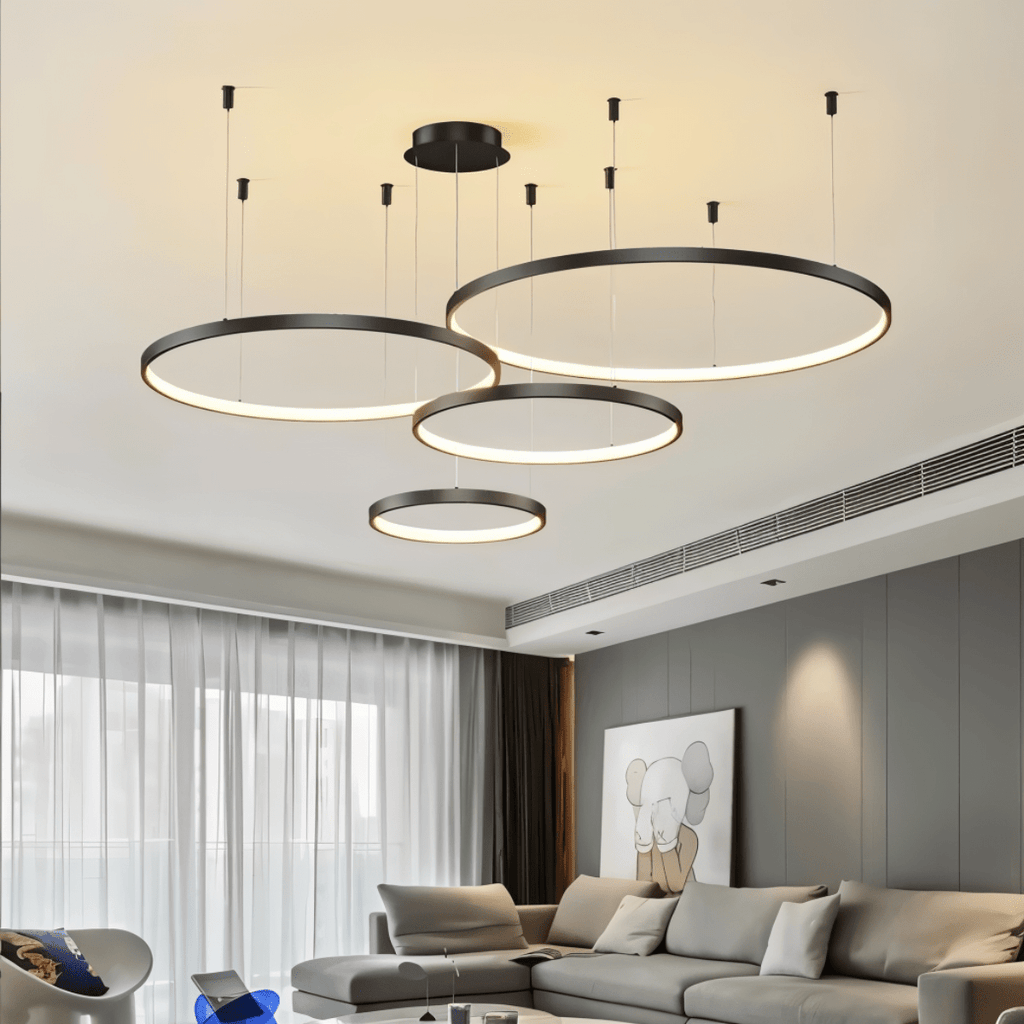 Aurora Circle Chandelier With Soft Halo Lighting Above Dining