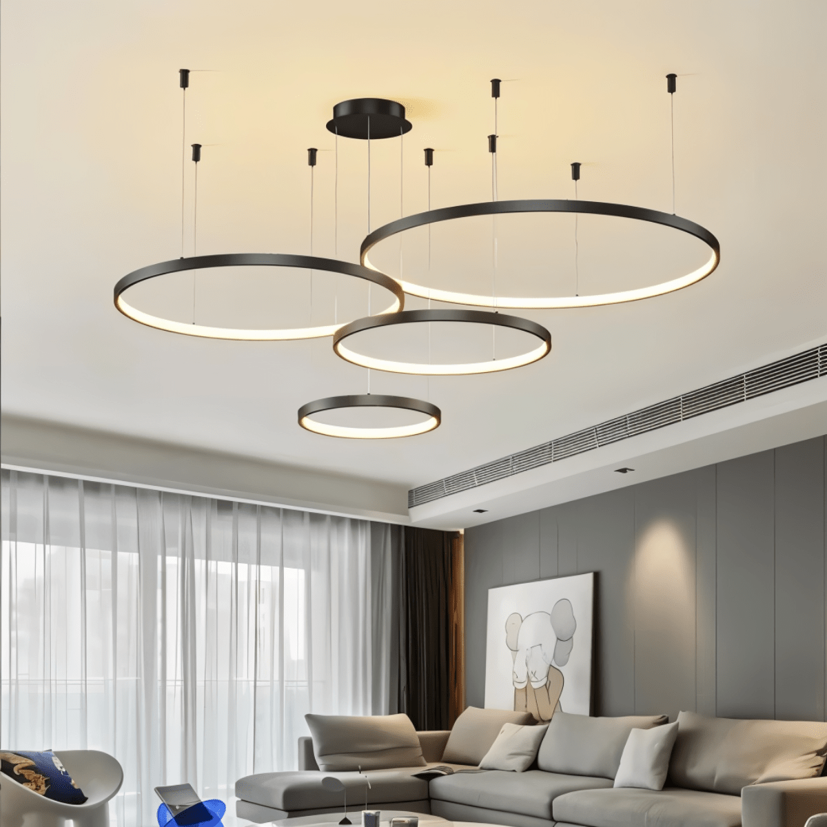 Aurora Circle Chandelier With Soft Halo Lighting Above Dining