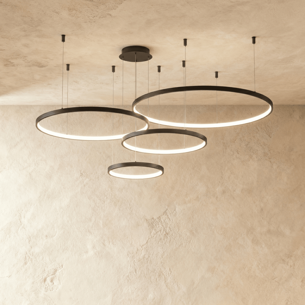 Aurora Circle Chandelier With Soft Halo Lighting Above Dining