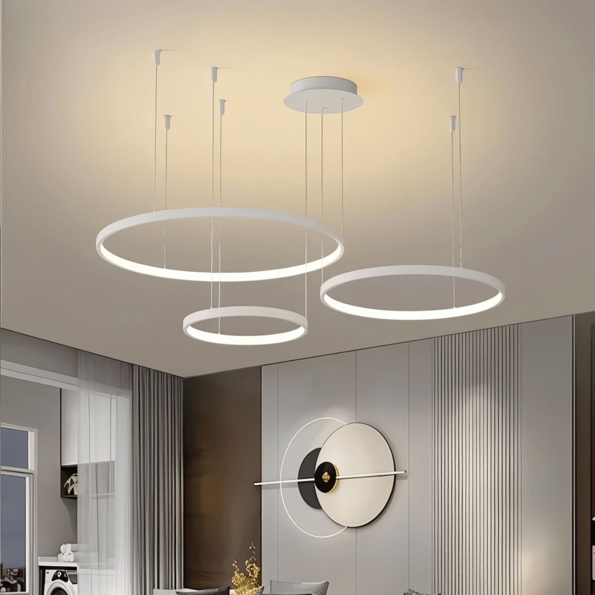 Aurora Circle Chandelier With Soft Halo Lighting Above Dining