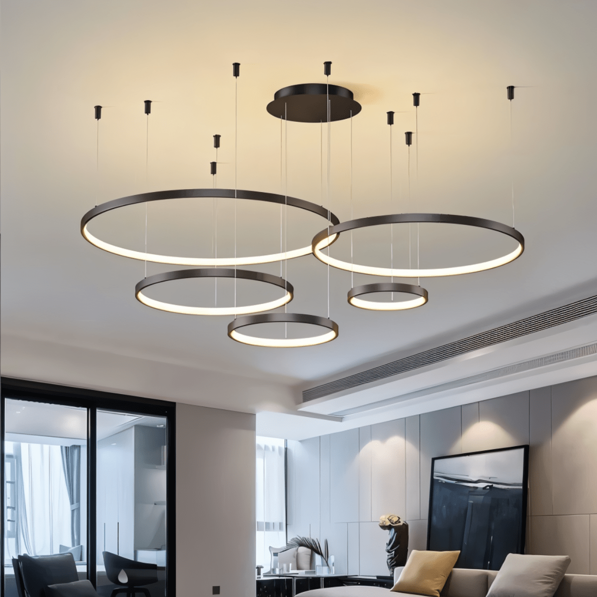 Aurora Circle Chandelier With Soft Halo Lighting Above Dining