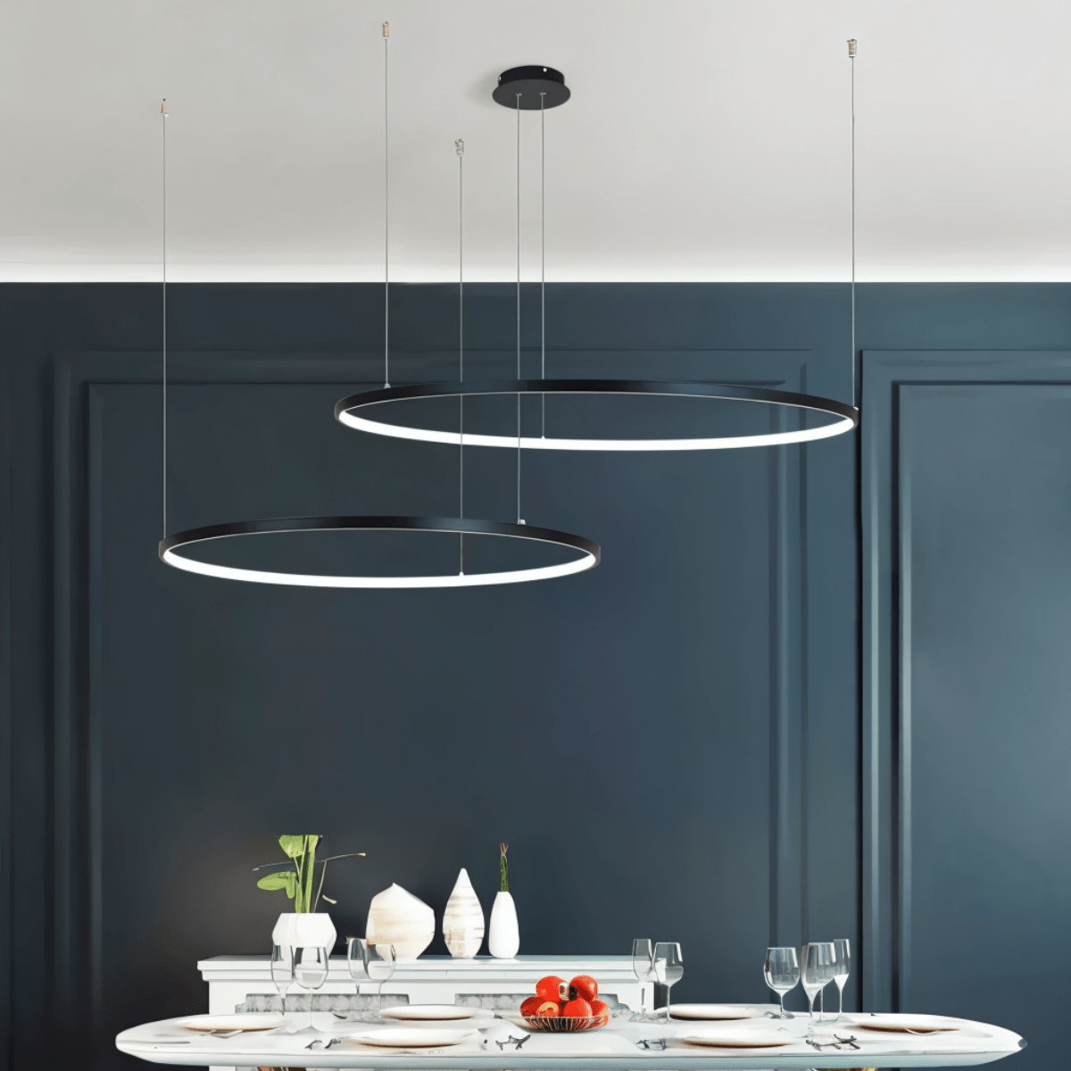 Aurora Circle Chandelier With Soft Halo Lighting Above Dining
