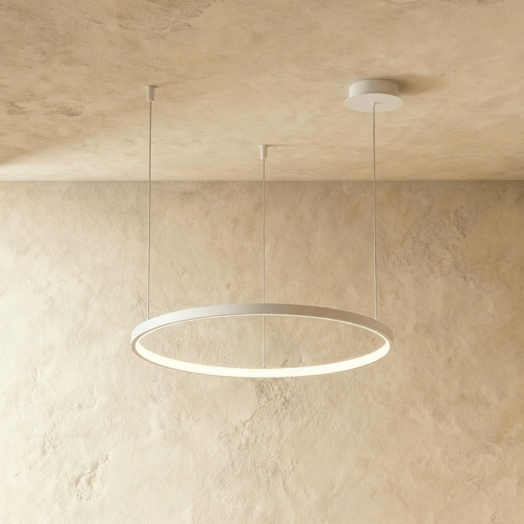Aurora Circle Chandelier With Soft Halo Lighting Above Dining