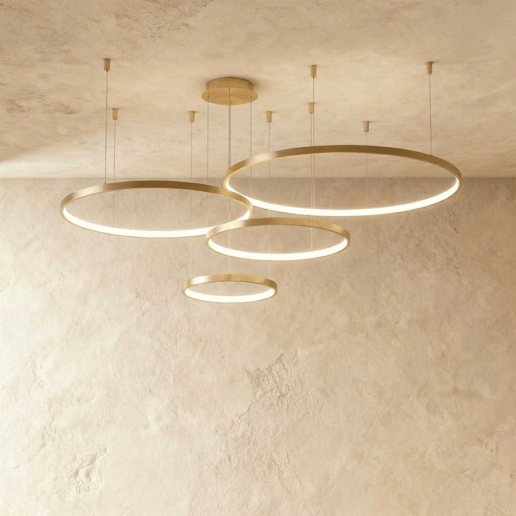 Aurora Circle Chandelier With Soft Halo Lighting Above Dining