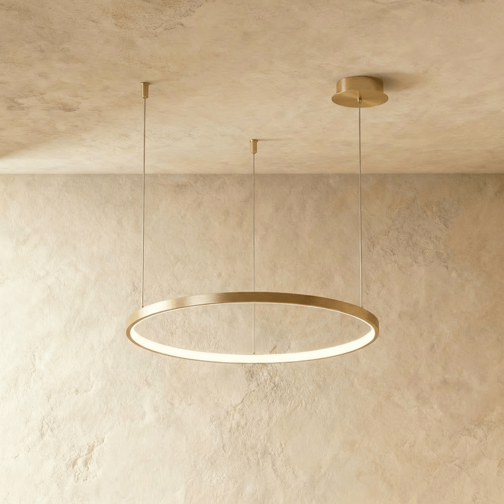 Aurora Circle Chandelier With Soft Halo Lighting Above Dining