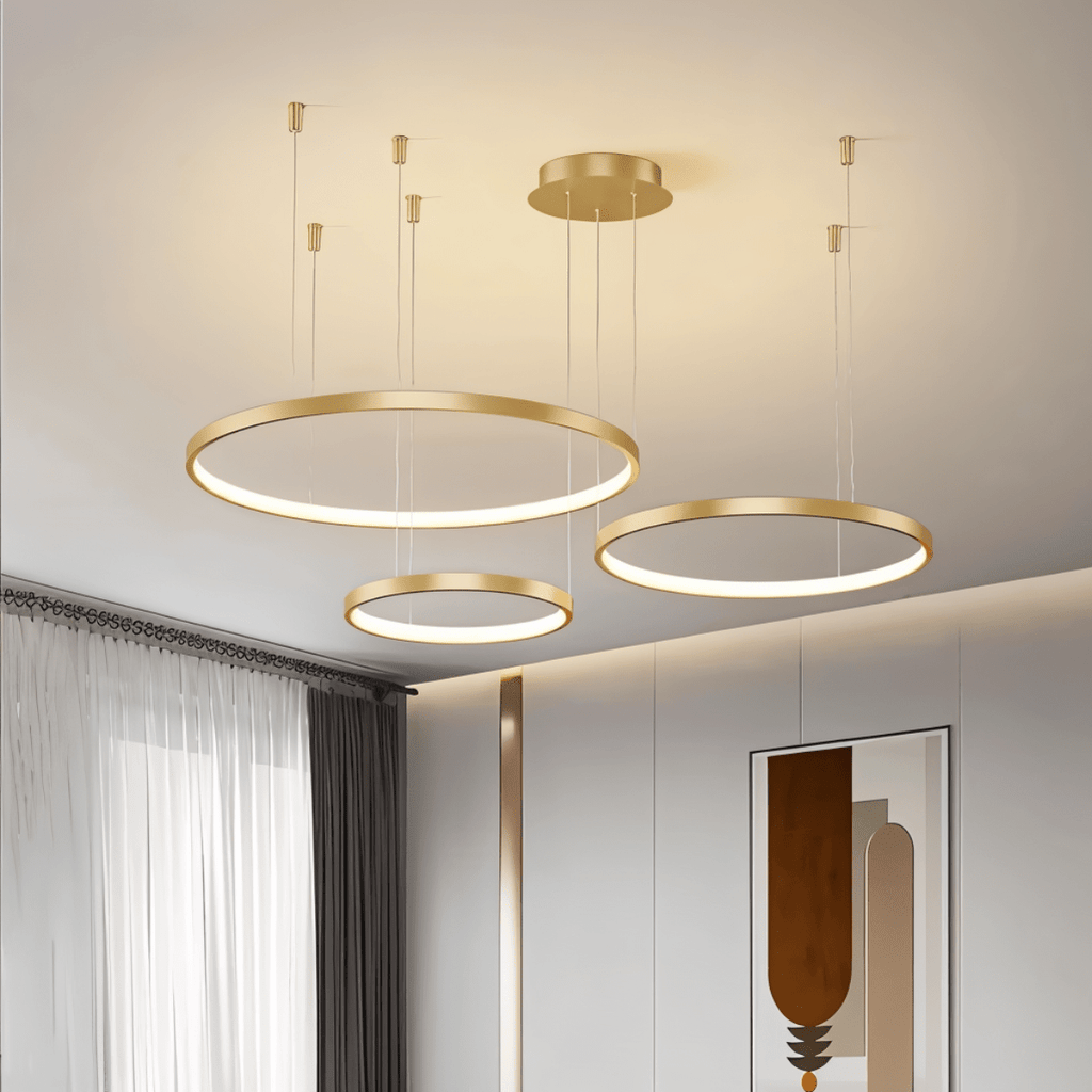 Aurora Circle Chandelier With Soft Halo Lighting Above Dining