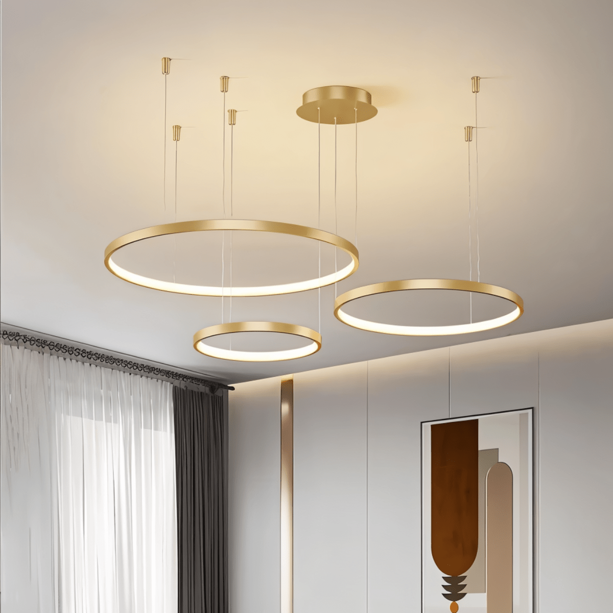Aurora Circle Chandelier With Soft Halo Lighting Above Dining