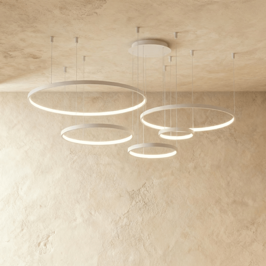 Aurora Circle Chandelier With Soft Halo Lighting Above Dining