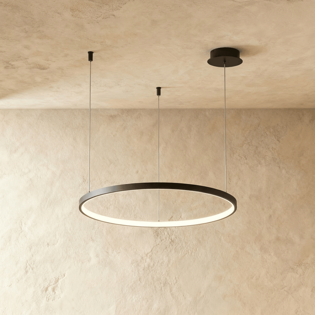 Aurora Circle Chandelier With Soft Halo Lighting Above Dining