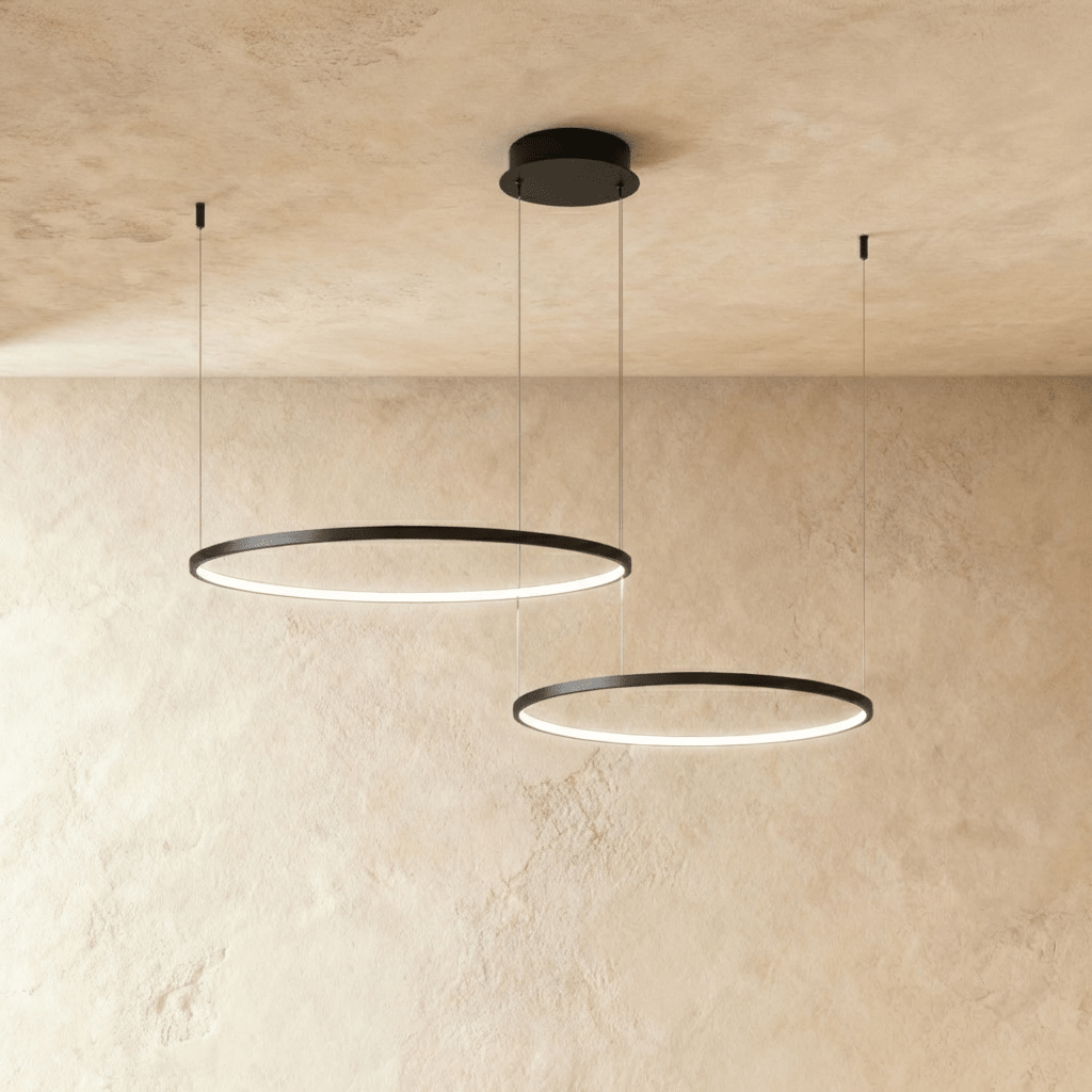 Aurora Circle Chandelier With Soft Halo Lighting Above Dining