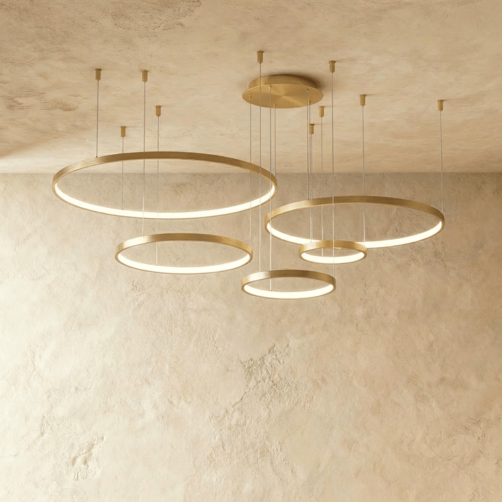 Aurora Circle Chandelier With Soft Halo Lighting Above Dining