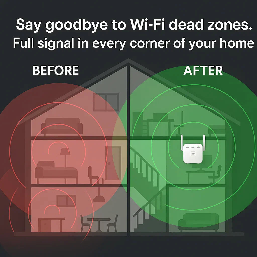 Kaksitaajuuksinen WiFi-verkon kantamanlaajennin kotiin ja puutarhaan, AeroLink, jopa 1200 Mbps