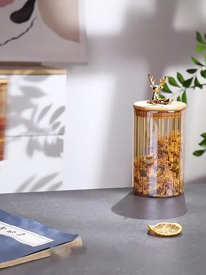 Amber Glass Jar Set, Elowen Stag 3-Piece, Gold Lids