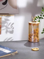 Amber Glass Jar Set, Elowen Stag 3-Piece, Gold Lids