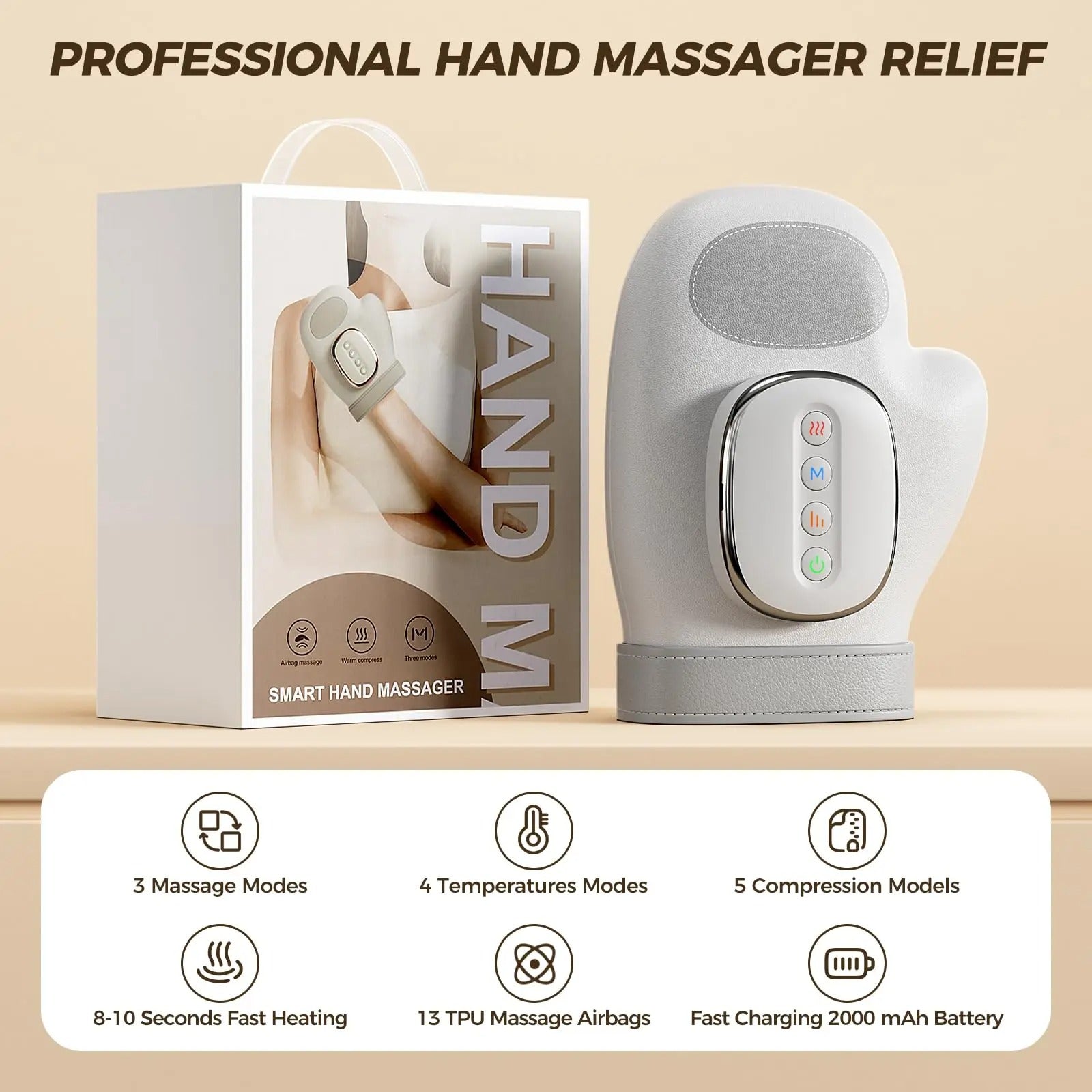 Beheiztes Handmassagegerät mit Luftdruckmassage, per USB-C aufladbar