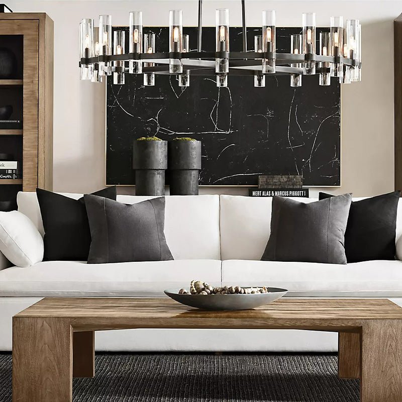 AuroraCurve Glass And Metal Chandelier With Soft Industrial Glow