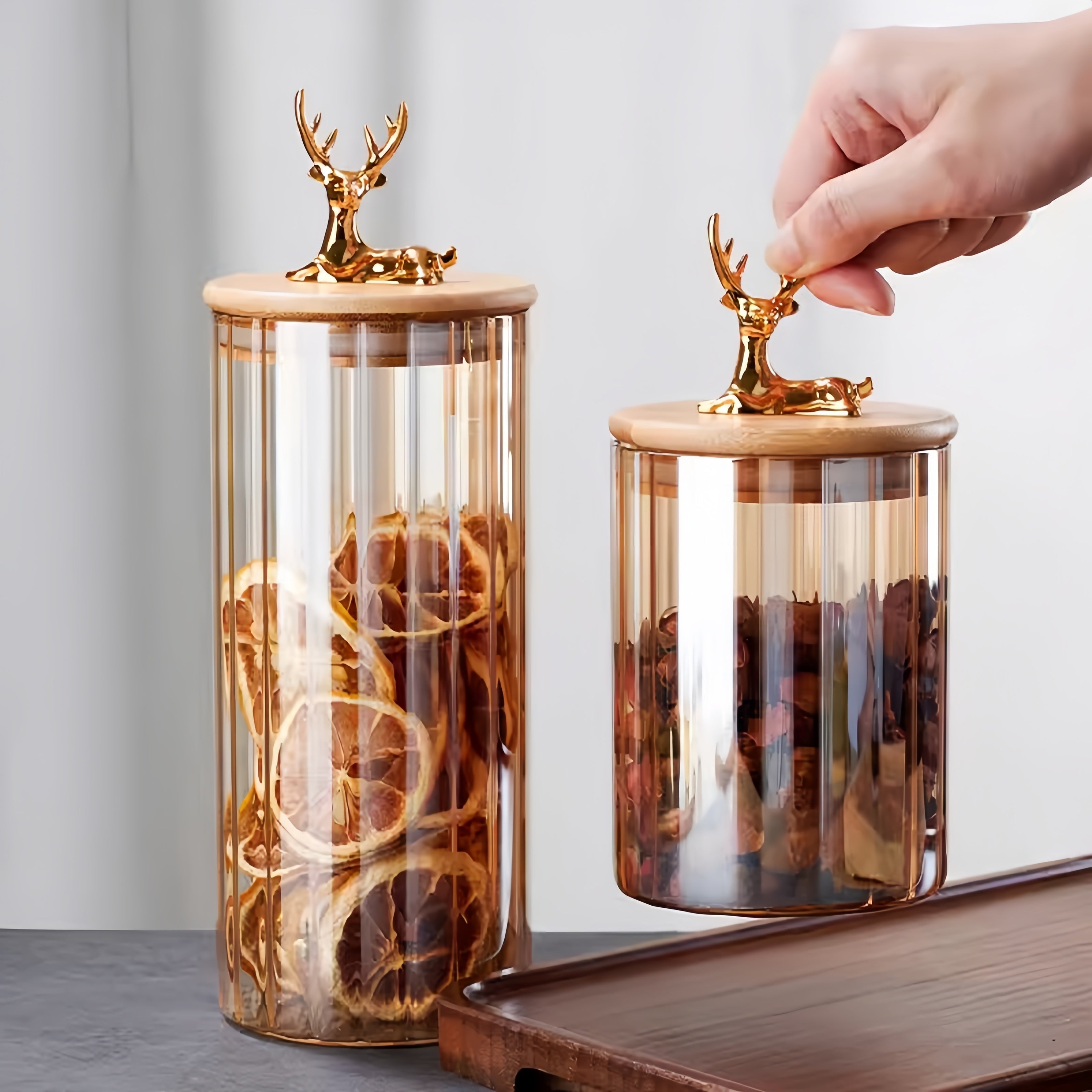 Amber Glass Jar Set, Elowen Stag 3-Piece, Gold Lids