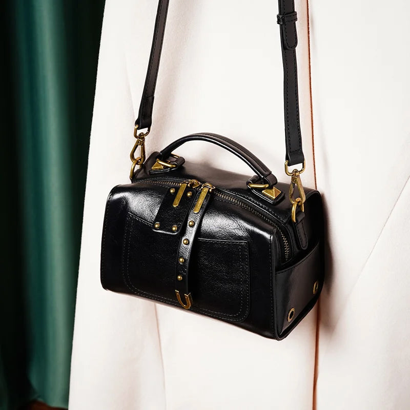 Genuine Leather Satchel Bag, Boston Style, Detachable Strap