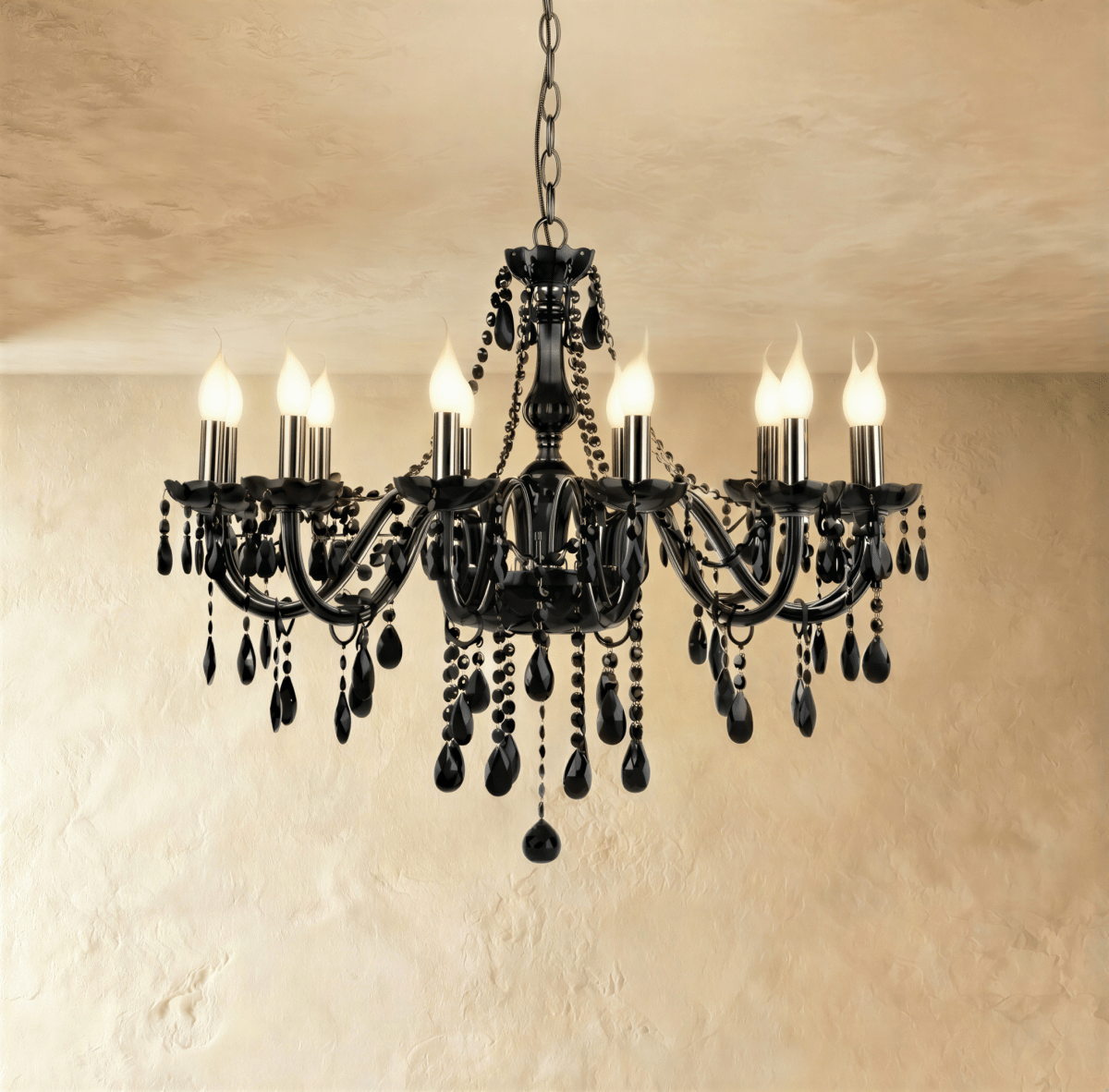 Midnight Cascade Crystal Chandelier With Black Crystal Drops And Metal Arms