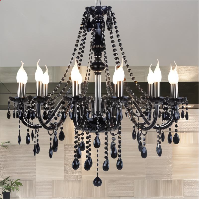 Midnight Cascade Crystal Chandelier With Black Crystal Drops And Metal Arms