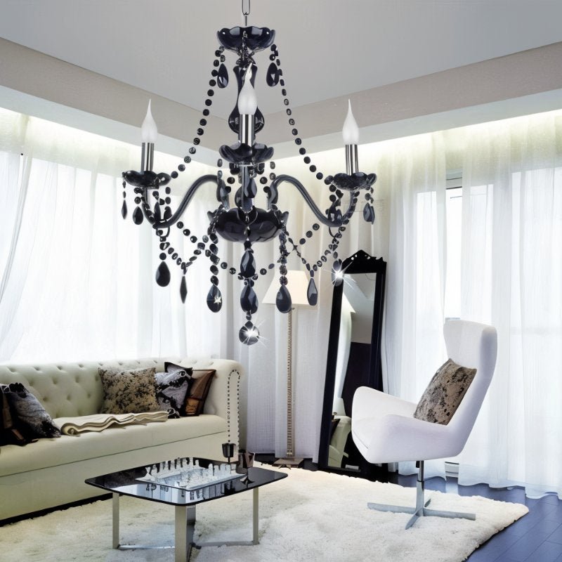 Midnight Cascade Crystal Chandelier With Black Crystal Drops And Metal Arms