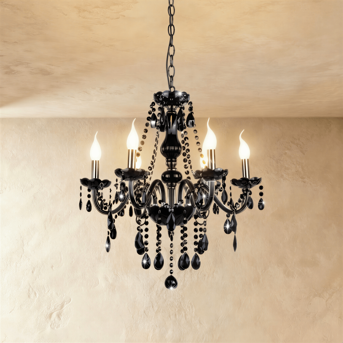 Midnight Cascade Crystal Chandelier With Black Crystal Drops And Metal Arms