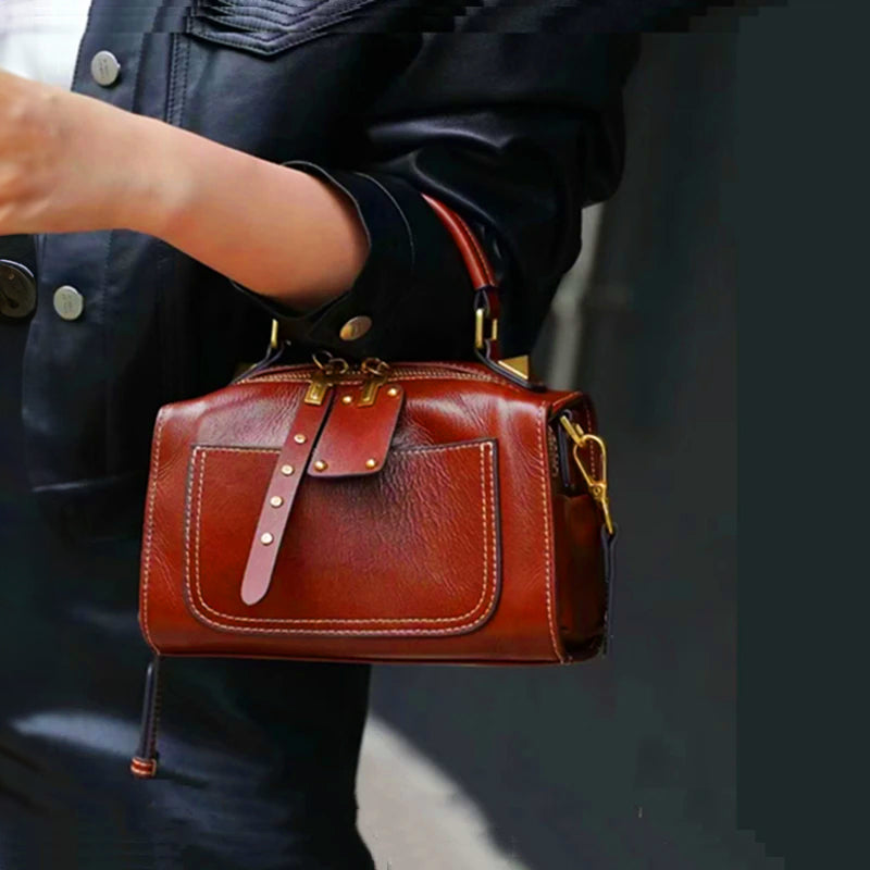 Genuine Leather Satchel Bag, Boston Style, Detachable Strap