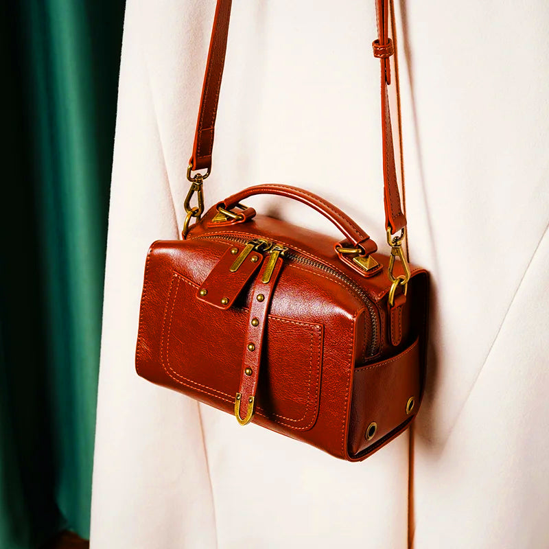 Genuine Leather Satchel Bag, Boston Style, Detachable Strap