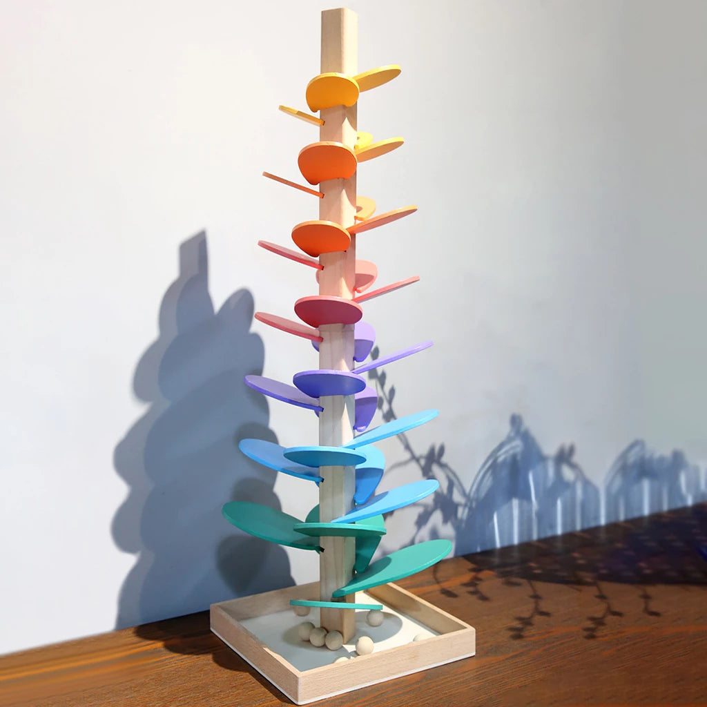 Pista de berlindes de madeira sonora, Torre Prismática AuroraVale para crianças