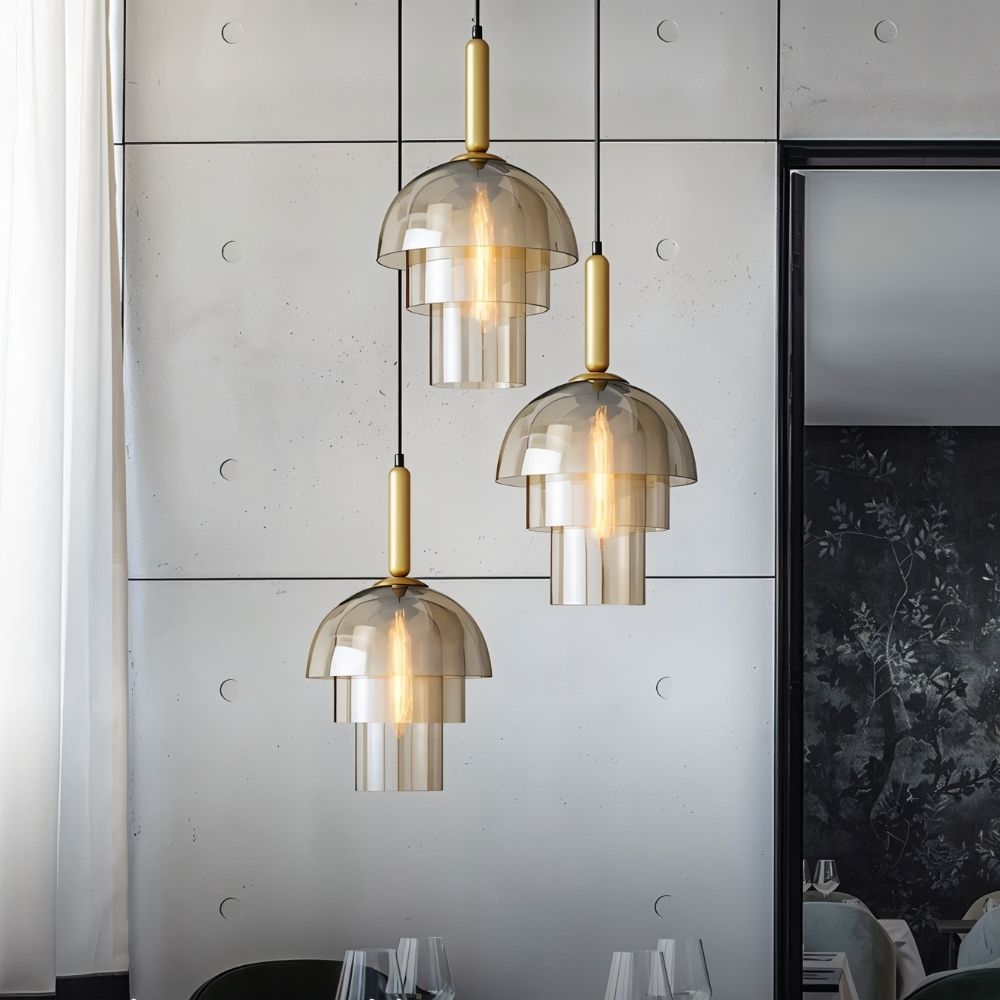Aurora Copper Glass Dome Pendant Light With Smoky Shade And Inner Layers