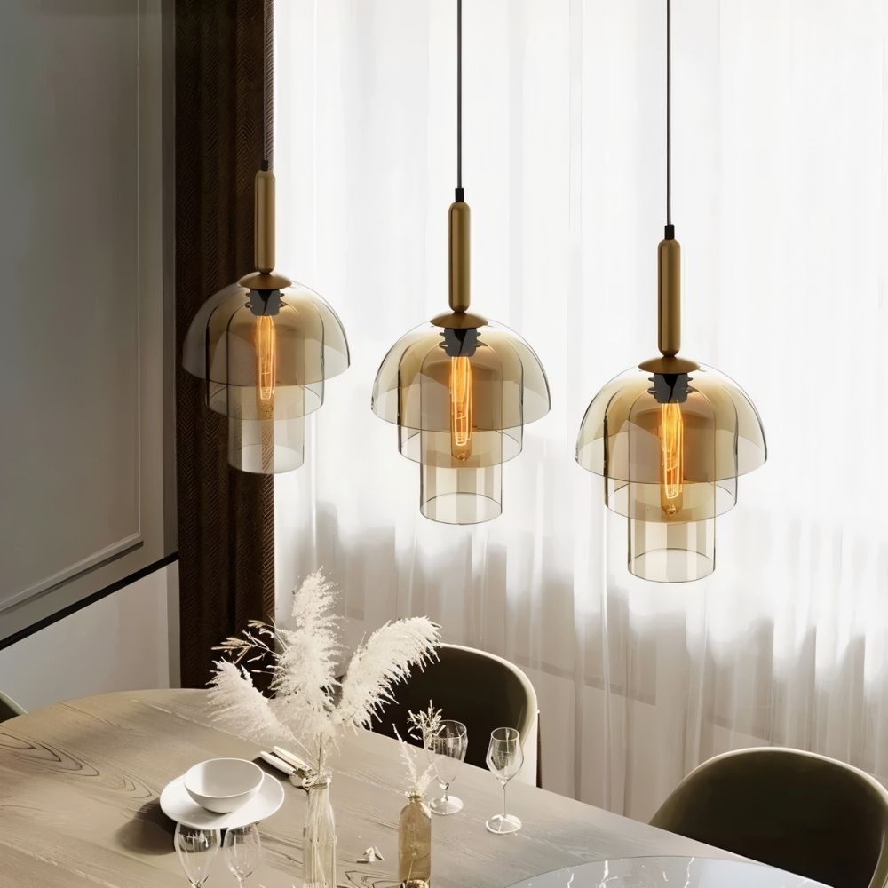 Aurora Copper Glass Dome Pendant Light With Smoky Shade And Inner Layers