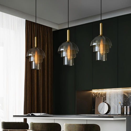 Aurora Copper Glass Dome Pendant Light With Smoky Shade And Inner Layers