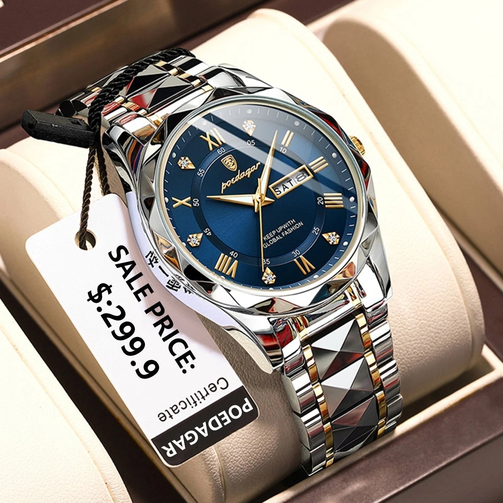 Diamond-Bezel Watch For Men, Maristel Waterproof With Glowing Dial
