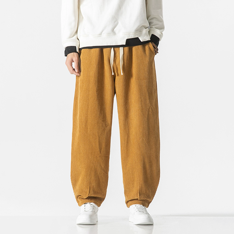 Pantaloni din catifea cu manșete elastice și talie cu șnur, croială lejeră