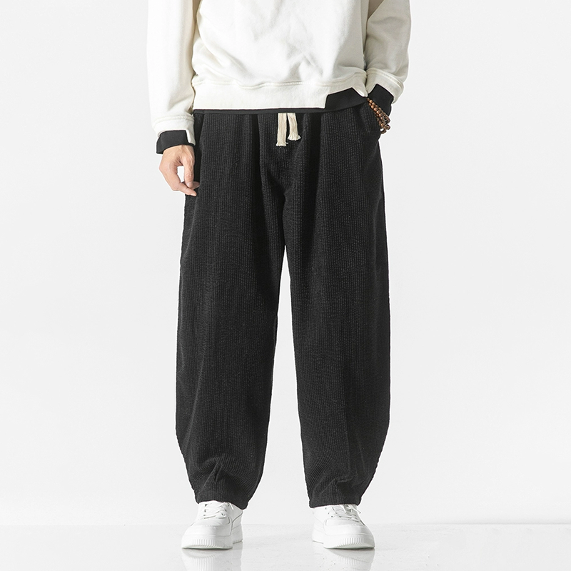 Pantaloni din catifea cu manșete elastice și talie cu șnur, croială lejeră