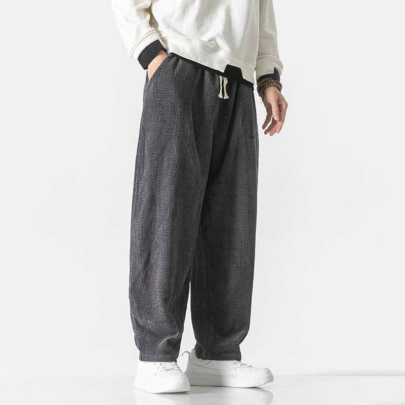 Pantaloni din catifea cu manșete elastice și talie cu șnur, croială lejeră