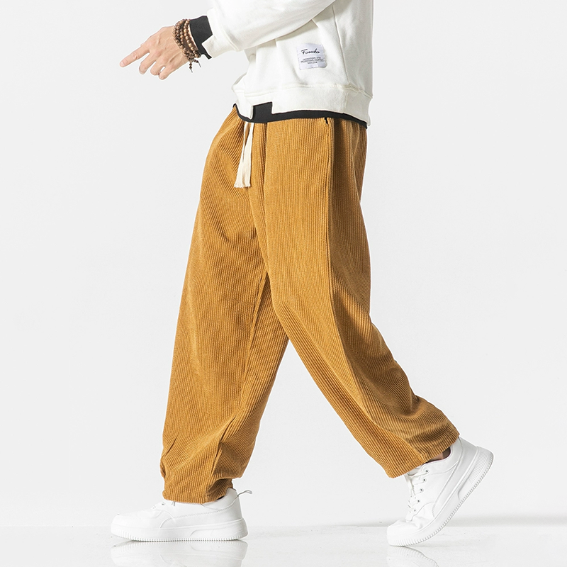 Pantaloni din catifea cu manșete elastice și talie cu șnur, croială lejeră