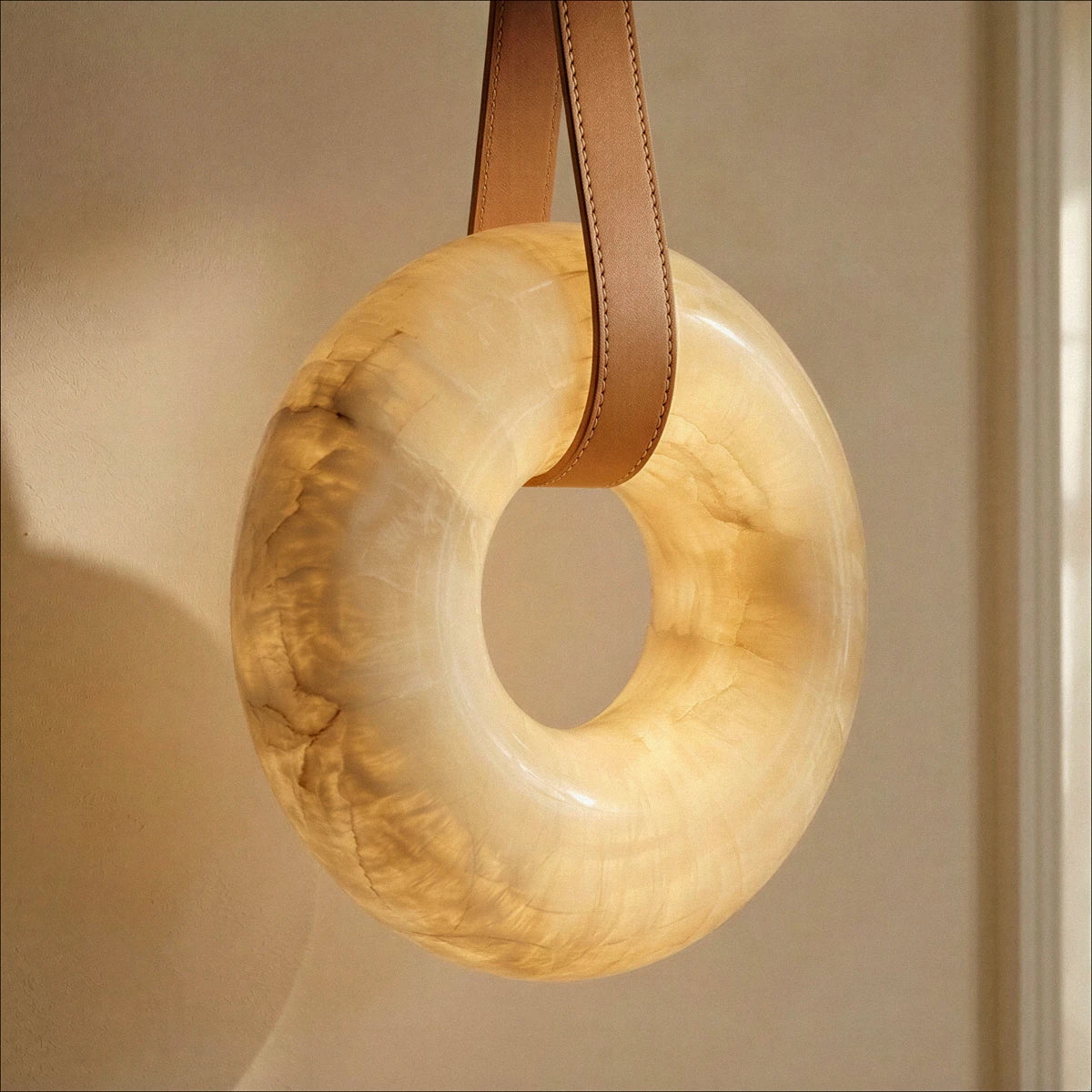 Halo Alabaster Pendant Light With Custom Leather Straps