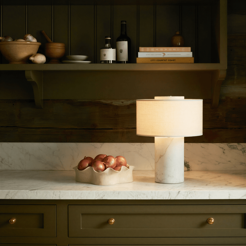 Solstice Stone Base Table Lamp With Soft Fabric Shade