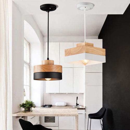 Aria Minimalist Black & White Wood Geometric Pendant Light | Fioriscas