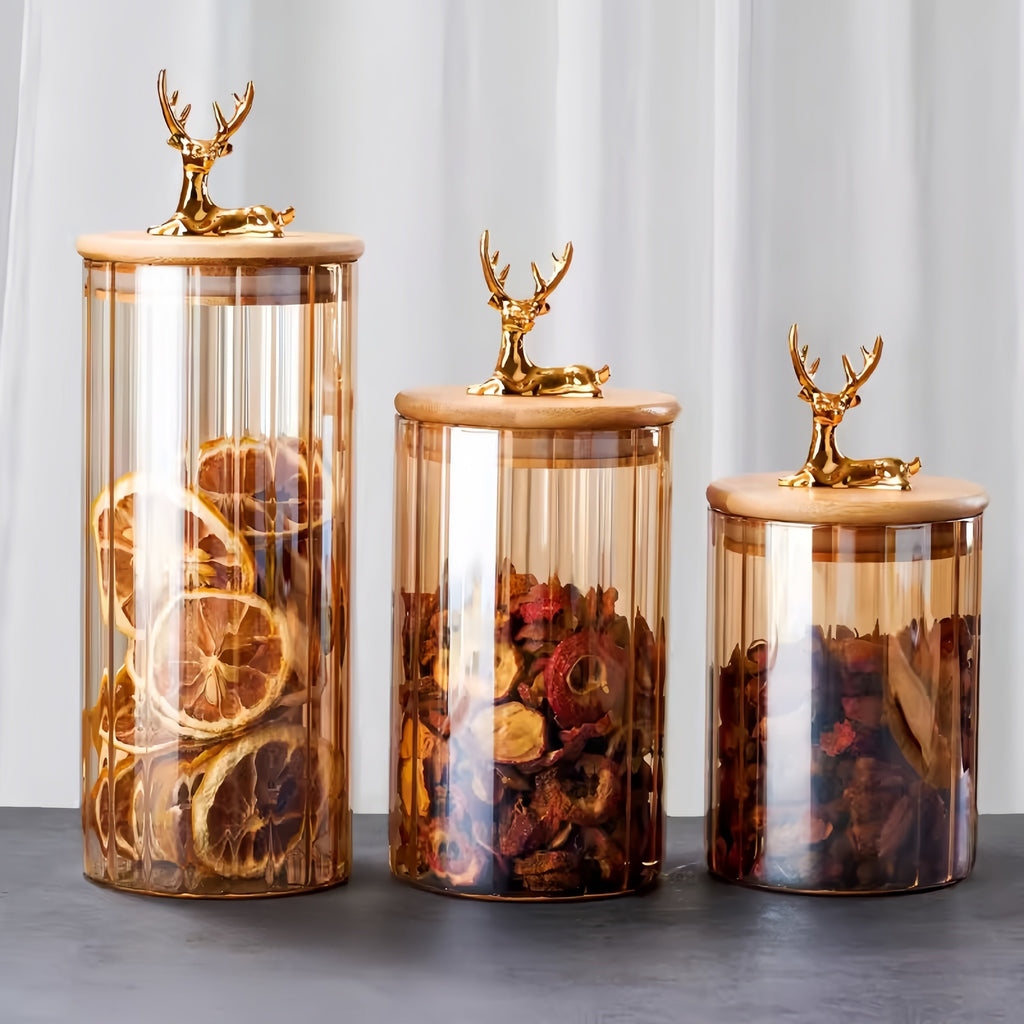 Amber Glass Jar Set, Elowen Stag 3-Piece, Gold Lids