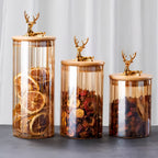 Amber Glass Jar Set, Elowen Stag 3-Piece, Gold Lids