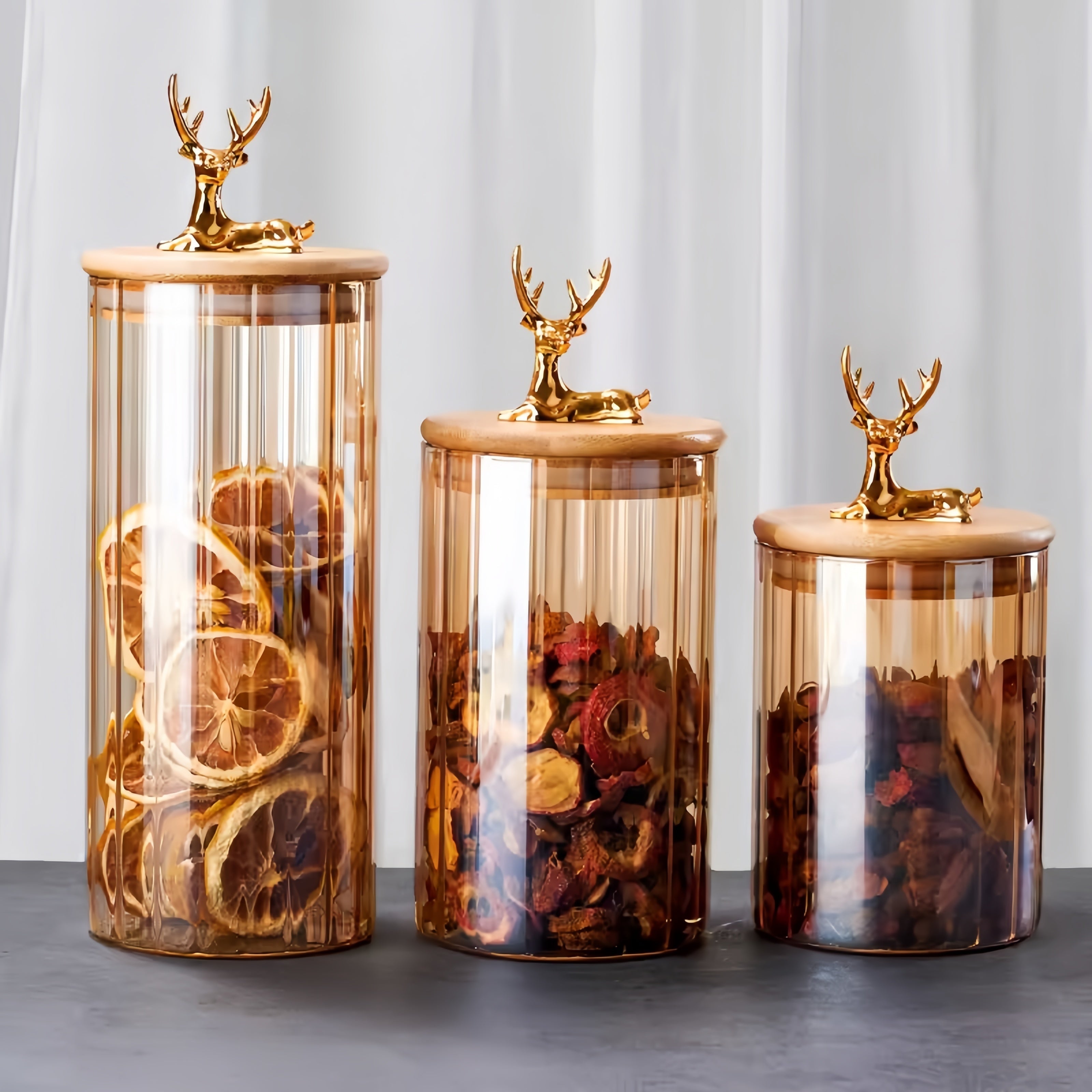 Amber Glass Jar Set, Elowen Stag 3-Piece, Gold Lids