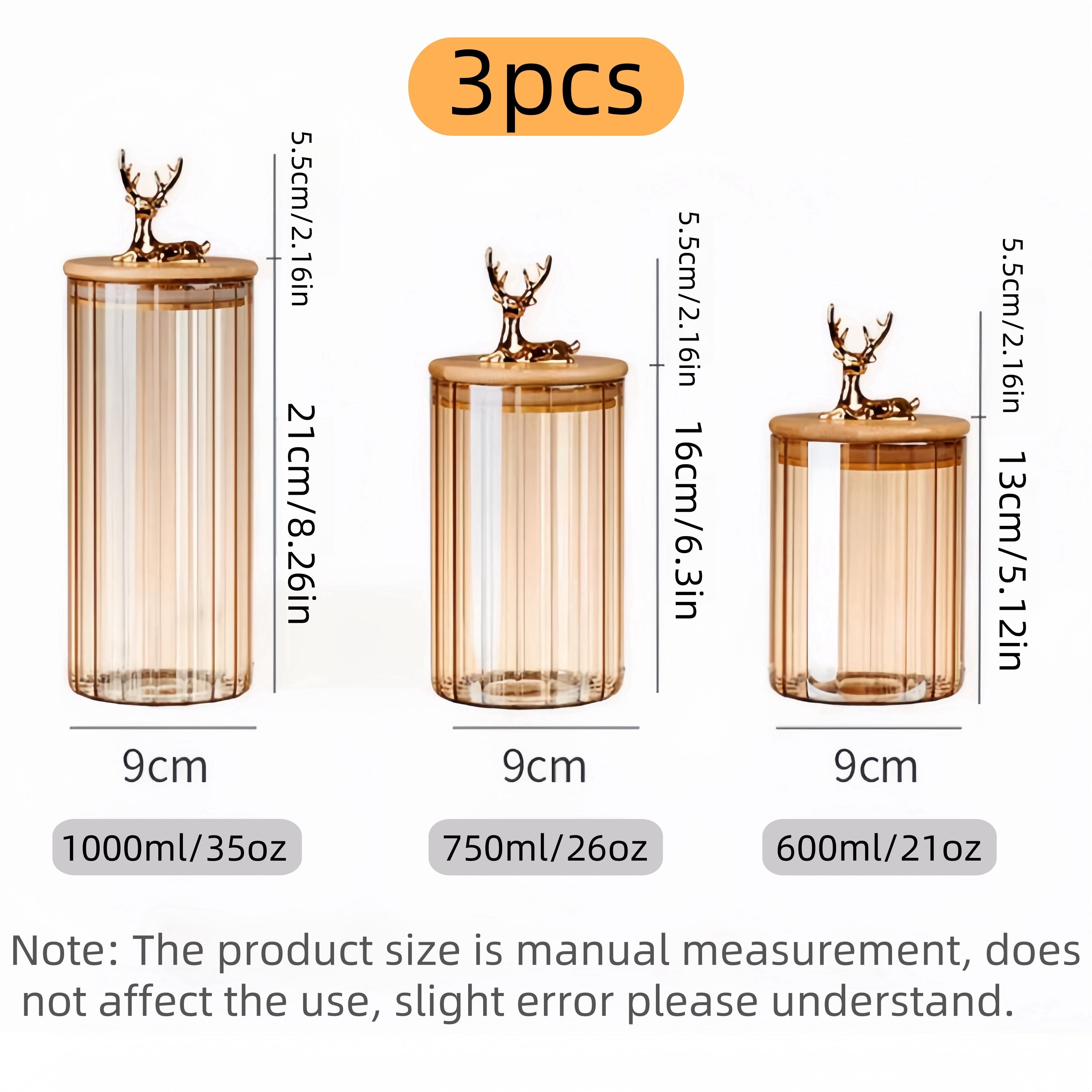 Amber Glass Jar Set, Elowen Stag 3-Piece, Gold Lids