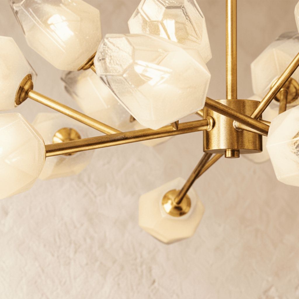 Luxora Kupfer-Kronleuchter mit satiniertem geometrischem Glas und gebürstetem Gold-Finish