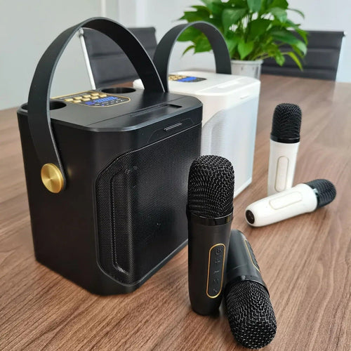 Máquina de karaoke portátil de 100 W com Bluetooth 5.3 e dois microfones sem fios