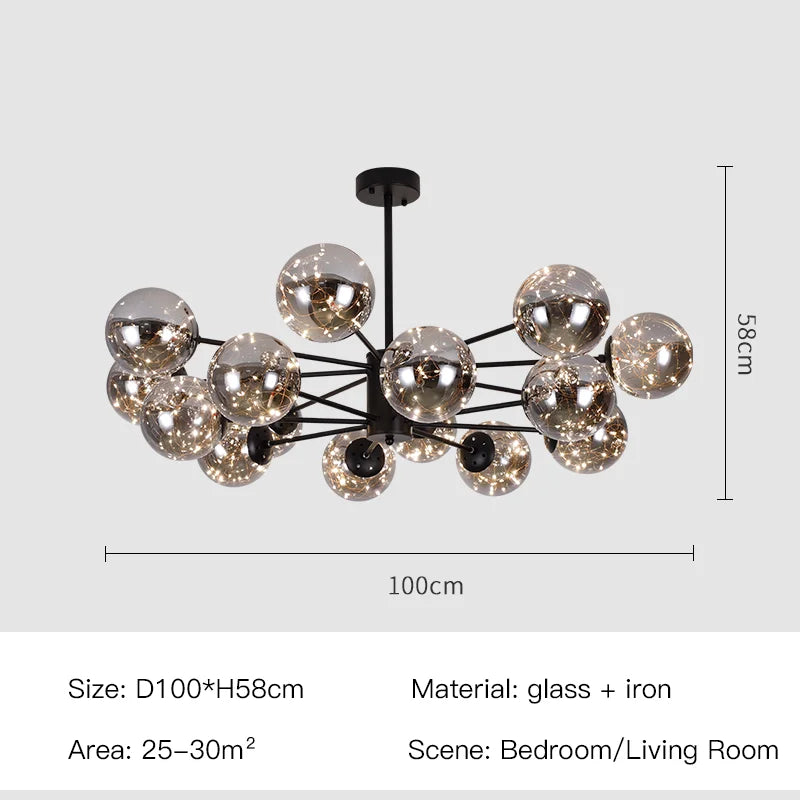Lustr s kouli z skla, povrch v stylu Aurene, železný rám, černý nebo zlatý