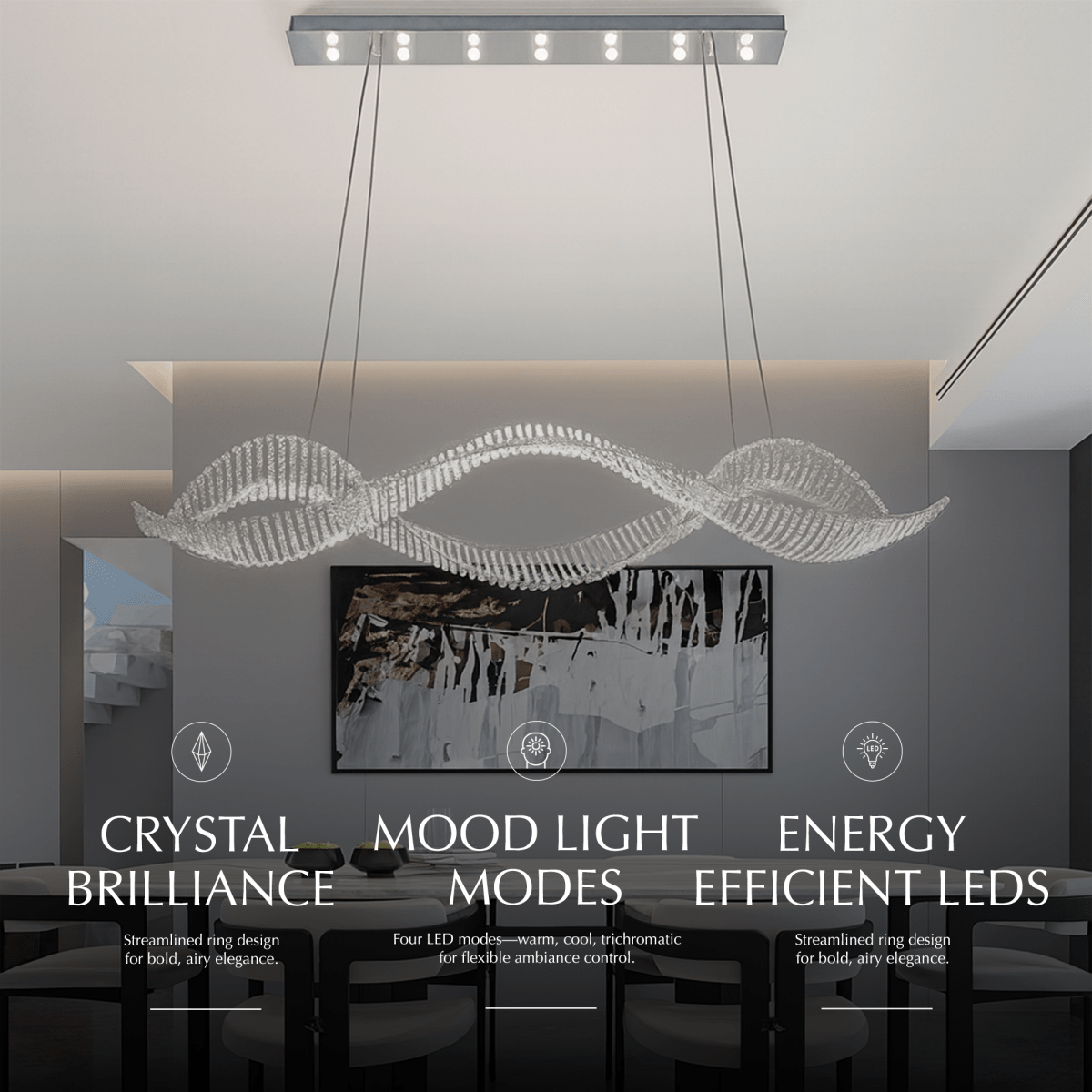 Undulating Crystal Arc Chandelier In Brushed Steel With Gold Or Chrome Finish
