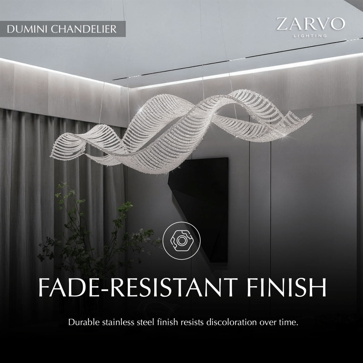 Undulating Crystal Arc Chandelier In Brushed Steel With Gold Or Chrome Finish